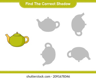 Find the correct shadow. Find and match the correct shadow of Teapot. Educational children game, printable worksheet, vector illustration