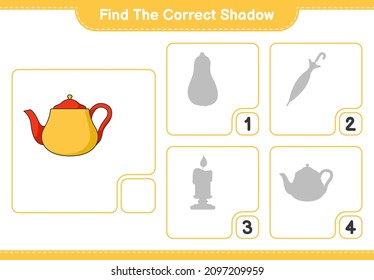 Find the correct shadow. Find and match the correct shadow of Teapot. Educational children game, printable worksheet, vector illustration