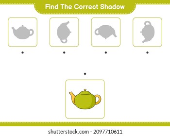 Finden Sie den richtigen Schatten. Finden Sie den richtigen Schatten von Teapot und passen Sie ihn an. Kinderspiel, druckbares Arbeitsblatt, Vektorgrafik