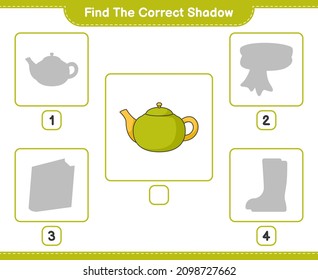 Finden Sie den richtigen Schatten. Finden Sie den richtigen Schatten von Teapot und passen Sie ihn an. Kinderspiel, druckbares Arbeitsblatt, Vektorgrafik