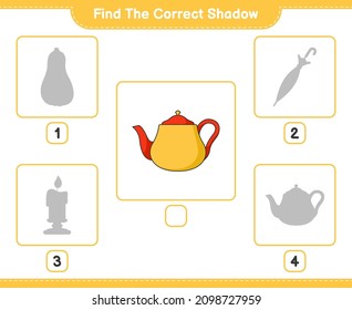 Find the correct shadow. Find and match the correct shadow of Teapot. Educational children game, printable worksheet, vector illustration
