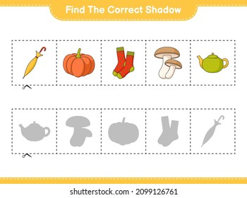 Find the correct shadow. Find and match the correct shadow of Teapot, Umbrella, Pumpkin, Socks, Shiitake. Educational children game, printable worksheet, vector illustration