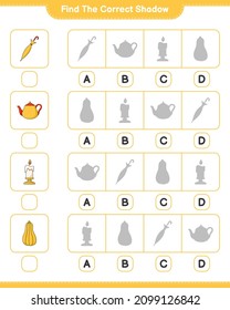 Find the correct shadow. Find and match the correct shadow of Teapot, Candle, Butternut Squash, Umbrella. Educational children game, printable worksheet, vector illustration