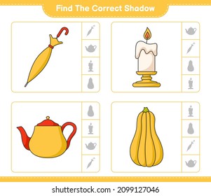 Find the correct shadow. Find and match the correct shadow of Teapot, Candle, Butternut Squash, Umbrella. Educational children game, printable worksheet, vector illustration