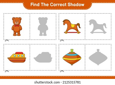 Find the correct shadow. Find and match the correct shadow of Teddy Bear, Rocking Horse, Boat, and Whirligig Toy. Educational children game, printable worksheet, vector illustration