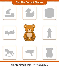 Encuentra la sombra correcta. Encuentra y coincide con la sombra correcta de Teddy Bear. Juego infantil educativo, hoja de cálculo imprimible, ilustración vectorial
