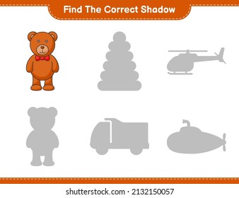 Find the correct shadow. Find and match the correct shadow of Teddy Bear. Educational children game, printable worksheet, vector illustration