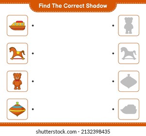 Find the correct shadow. Find and match the correct shadow of Teddy Bear, Rocking Horse, Boat, and Whirligig Toy. Educational children game, printable worksheet, vector illustration