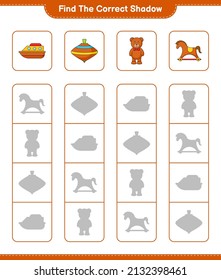 Find the correct shadow. Find and match the correct shadow of Teddy Bear, Rocking Horse, Boat, and Whirligig Toy. Educational children game, printable worksheet, vector illustration