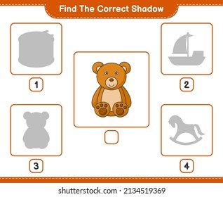 Find the correct shadow. Find and match the correct shadow of Teddy Bear. Educational children game, printable worksheet, vector illustration