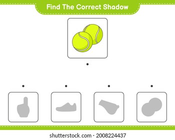 Find the correct shadow. Find and match the correct shadow of Tennis Ball. Educational children game, printable worksheet, vector illustration