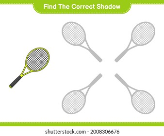 Encuentra la sombra correcta. Encuentra y coincide con la sombra correcta de Tennis Racket. Juego infantil educativo, hoja de cálculo imprimible, ilustración vectorial