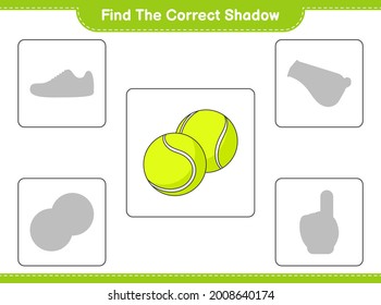 Find the correct shadow. Find and match the correct shadow of Tennis Ball. Educational children game, printable worksheet, vector illustration