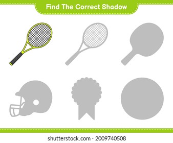 Finden Sie den richtigen Schatten. Finden Sie den richtigen Schatten von Tennis Racket und spielen Sie ihn. Kinderspiel, druckbares Arbeitsblatt, Vektorgrafik