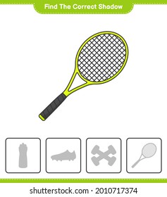 Encuentra la sombra correcta. Encuentra y coincide con la sombra correcta de Tennis Racket. Juego infantil educativo, hoja de cálculo imprimible, ilustración vectorial