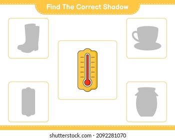 Find the correct shadow. Find and match the correct shadow of Thermometer. Educational children game, printable worksheet, vector illustration