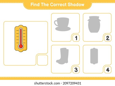 Finden Sie den richtigen Schatten. Finden Sie den richtigen Schatten des Thermometers und passen Sie ihn an. Kinderspiel, druckbares Arbeitsblatt, Vektorgrafik
