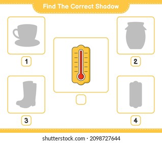 Encuentra la sombra correcta. Buscar y coincidir con la sombra correcta del termómetro. Juego infantil educativo, hoja de cálculo imprimible, ilustración vectorial