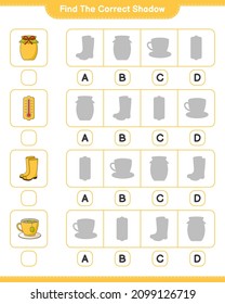Finden Sie den richtigen Schatten. Finden Sie den richtigen Schatten von Thermometer, Gummistiefel, Tea Cup, Marmelade. Kinderspiel, druckbares Arbeitsblatt, Vektorgrafik