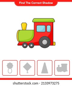 Find the correct shadow. Find and match the correct shadow of Train. Educational children game, printable worksheet, vector illustration