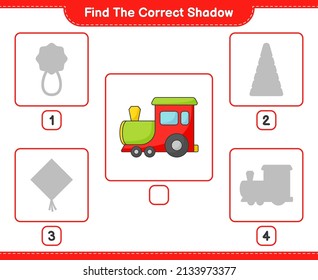 Find the correct shadow. Find and match the correct shadow of Train. Educational children game, printable worksheet, vector illustration