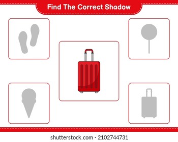 Encuentra la sombra correcta. Buscar y coincidir con la sombra correcta de la bolsa de viaje. Juego infantil educativo, hoja de cálculo imprimible, ilustración vectorial