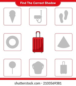 Encuentra la sombra correcta. Buscar y coincidir con la sombra correcta de la bolsa de viaje. Juego infantil educativo, hoja de cálculo imprimible, ilustración vectorial