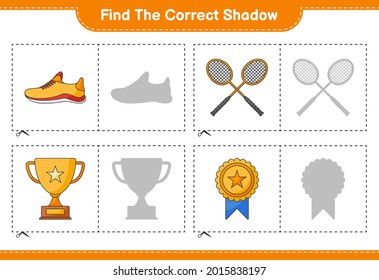 Find the correct shadow. Find and match the correct shadow of Trophy, Running Shoes, and Badminton Rackets. Educational children game, printable worksheet, vector illustration