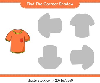 Find the correct shadow. Find and match the correct shadow of T-shirt. Educational children game, printable worksheet, vector illustration