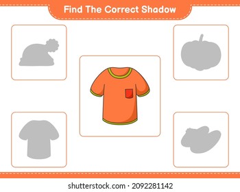 Finden Sie den richtigen Schatten. Finden Sie den passenden Schatten des T-Shirts. Kinderspiel, druckbares Arbeitsblatt, Vektorgrafik