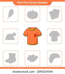 Find the correct shadow. Find and match the correct shadow of T-shirt. Educational children game, printable worksheet, vector illustration