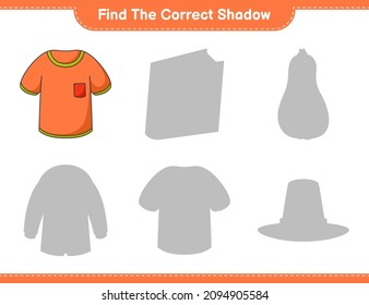 Encuentra la sombra correcta. Encuentra y coincide con la sombra correcta de la camiseta. Juego infantil educativo, hoja de cálculo imprimible, ilustración vectorial