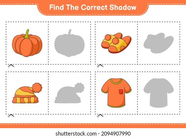 Find the correct shadow. Find and match the correct shadow of T-shirt, Slippers, Pumpkin, Hat. Educational children game, printable worksheet, vector illustration