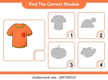 Find the correct shadow. Find and match the correct shadow of T-shirt. Educational children game, printable worksheet, vector illustration