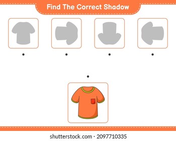 Find the correct shadow. Find and match the correct shadow of T-shirt. Educational children game, printable worksheet, vector illustration