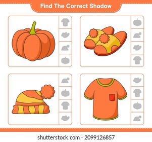 Find the correct shadow. Find and match the correct shadow of T-shirt, Slippers, Pumpkin, Hat. Educational children game, printable worksheet, vector illustration
