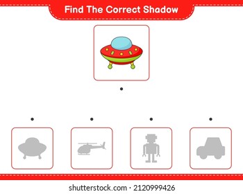 Find the correct shadow. Find and match the correct shadow of Ufo. Educational children game, printable worksheet, vector illustration