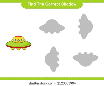 Find the correct shadow. Find and match the correct shadow of Ufo. Educational children game, printable worksheet, vector illustration