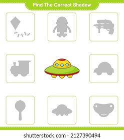 Find the correct shadow. Find and match the correct shadow of Ufo. Educational children game, printable worksheet, vector illustration