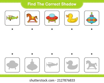 Finden Sie den richtigen Schatten. Finden Sie den passenden Schatten von Ufo, Plane, Whirlpool Toy, Rubber Duck und Rocking Horse. Kinderspiel, druckbares Arbeitsblatt, Vektorgrafik