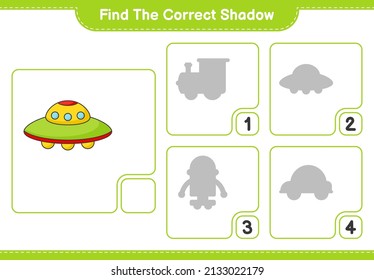 Find the correct shadow. Find and match the correct shadow of Ufo. Educational children game, printable worksheet, vector illustration