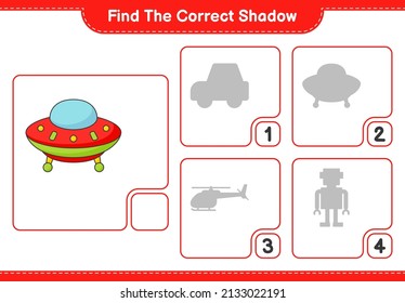 Find the correct shadow. Find and match the correct shadow of Ufo. Educational children game, printable worksheet, vector illustration