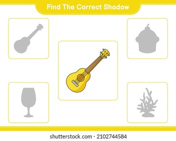 Encuentra la sombra correcta. Encuentra y coincide con la sombra correcta de Ukulele. Juego infantil educativo, hoja de cálculo imprimible, ilustración vectorial