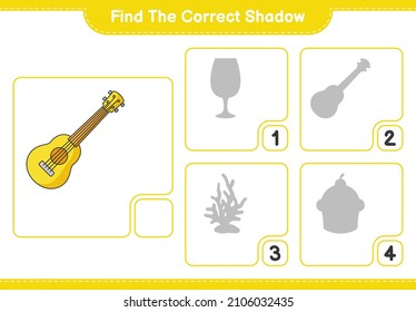 Find the correct shadow. Find and match the correct shadow of Ukulele. Educational children game, printable worksheet, vector illustration