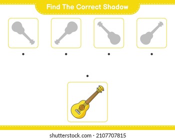 Encuentra la sombra correcta. Encuentra y coincide con la sombra correcta de Ukulele. Juego infantil educativo, hoja de cálculo imprimible, ilustración vectorial