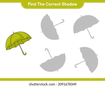 Finden Sie den richtigen Schatten. Finden Sie den passenden Schatten des Regenschirms. Kinderspiel, druckbares Arbeitsblatt, Vektorgrafik