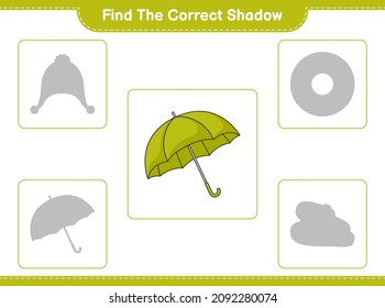 Find the correct shadow. Find and match the correct shadow of Umbrella. Educational children game, printable worksheet, vector illustration