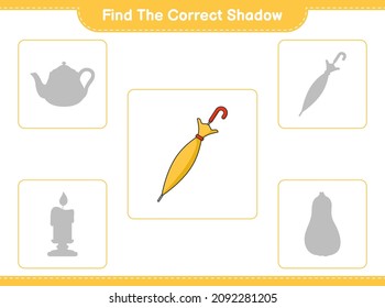 Find the correct shadow. Find and match the correct shadow of Umbrella. Educational children game, printable worksheet, vector illustration