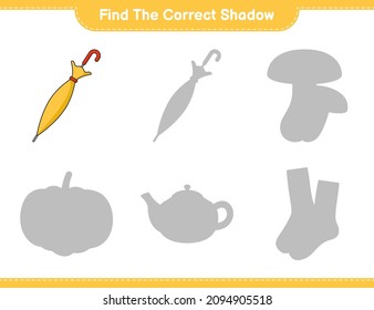 Find the correct shadow. Find and match the correct shadow of Umbrella. Educational children game, printable worksheet, vector illustration