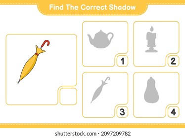 Find the correct shadow. Find and match the correct shadow of Umbrella. Educational children game, printable worksheet, vector illustration